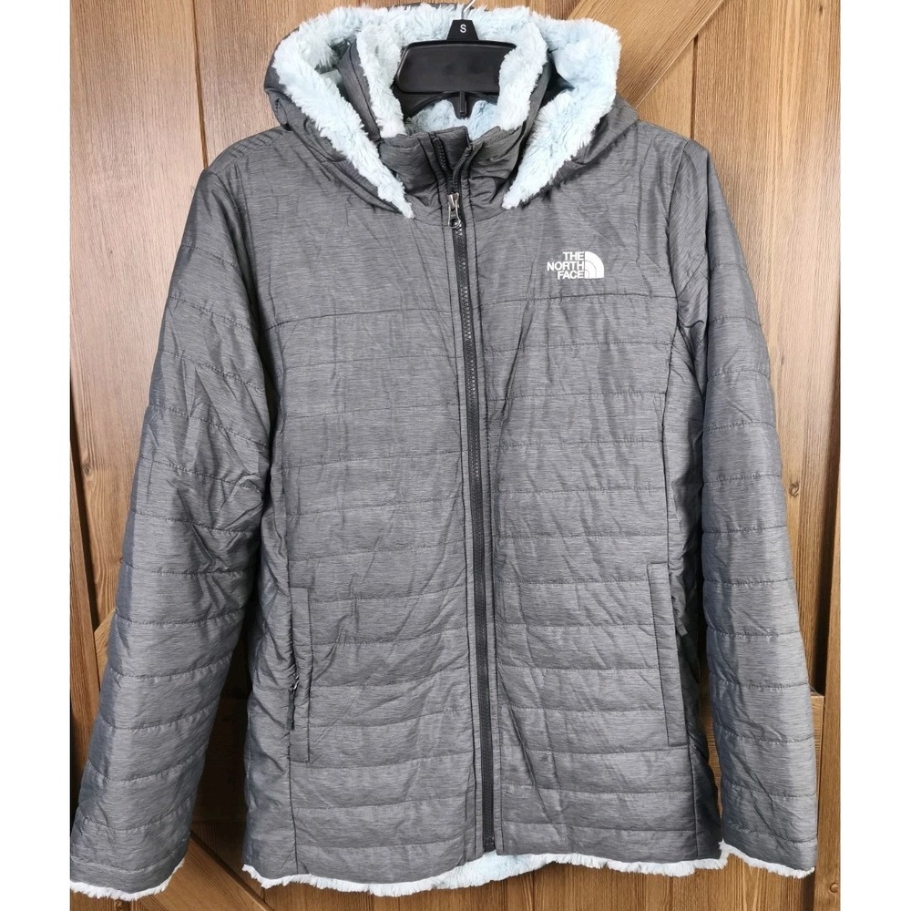The North Face Mossbud Swirl Reversible Hooded Jacket Girls XL Gray Blue